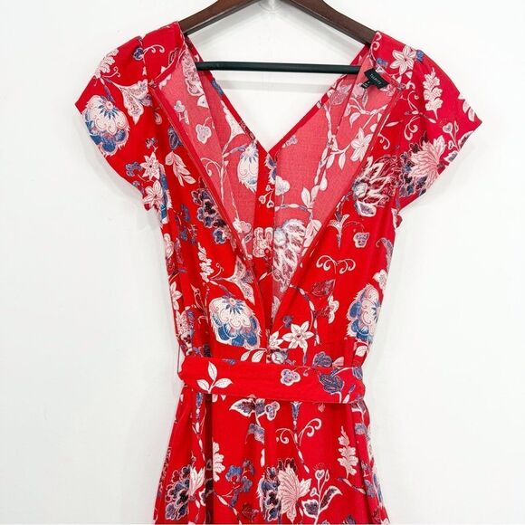 Talbots Red Blue Cream Floral Print V Neck Button Front Sash Waist Dress - Picture 14 of 16